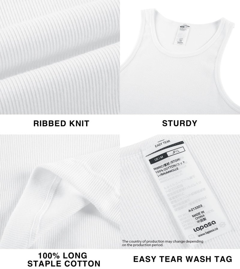 LAPASA Men's 100% Cotton Ribbed Tank Tops Sleeveless Crewneck A-Shirts Basic Solid Undershirts Vests 4 Pack M35, White, Medium - Image 5